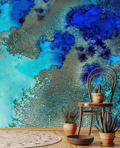 mural de pared abstracto personalizado azul llamado Reef Resonance de Petra Meikle de Vlas para baños y dormitorios