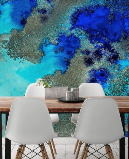 mural de parede abstrato personalizado azul chamado Reef Resonance de Petra Meikle de Vlas para banheiros e quartos