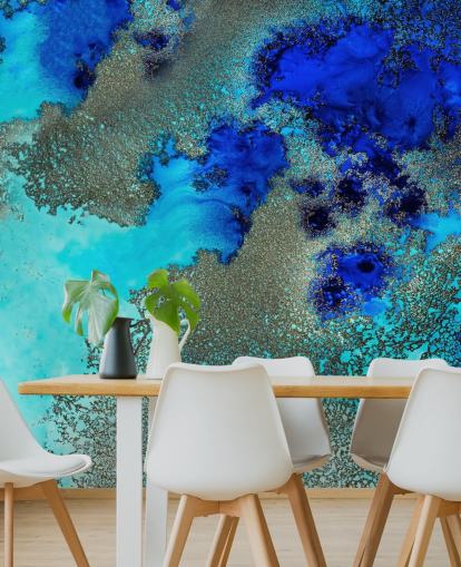 blue custom abstract wall mural called Reef Resonance by Petra Meikle de Vlas for bathrooms and bedrooms
