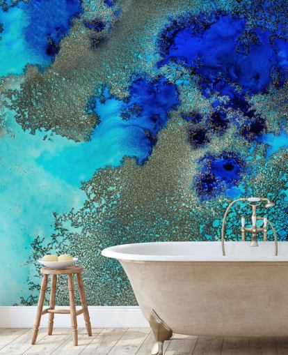 fresque murale abstraite personnalisée bleue appelée Reef Resonance par Petra Meikle de Vlas pour les salles de bain et les chambres