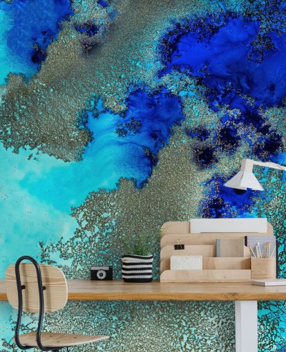 fresque murale abstraite personnalisée bleue appelée Reef Resonance par Petra Meikle de Vlas pour les salles de bain et les chambres