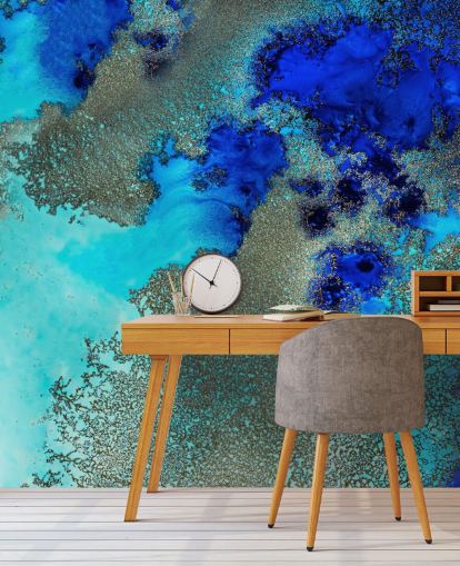 mural de pared abstracto personalizado azul llamado Reef Resonance de Petra Meikle de Vlas para baños y dormitorios