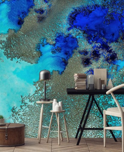 blaues individuelles abstraktes Wandbild namens Reef Resonance von Petra Meikle de Vlas für Badezimmer und Schlafzimmer