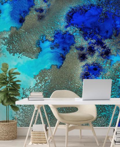 mural de pared abstracto personalizado azul llamado Reef Resonance de Petra Meikle de Vlas para baños y dormitorios