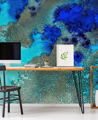 blauwe abstracte muurschildering op maat genaamd Reef Resonance van Petra Meikle de Vlas voor badkamers en slaapkamers blauwe abstracte muurschildering op maat genaamd Reef Resonance van Petra Meikle de Vlas voor badkamers en slaapkamers