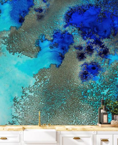 mural de pared abstracto personalizado azul llamado Reef Resonance de Petra Meikle de Vlas para baños y dormitorios