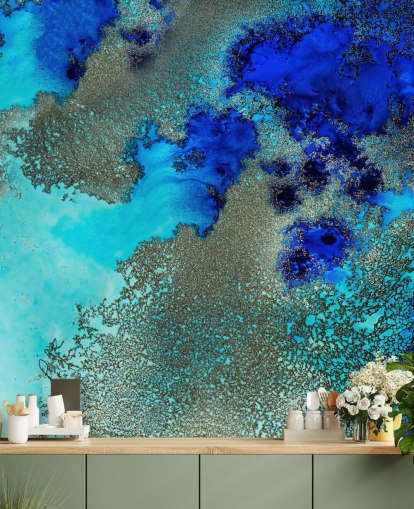 mural de parede abstrato personalizado azul chamado Reef Resonance de Petra Meikle de Vlas para banheiros e quartos