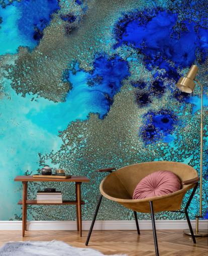 blaues individuelles abstraktes Wandbild namens Reef Resonance von Petra Meikle de Vlas für Badezimmer und Schlafzimmer