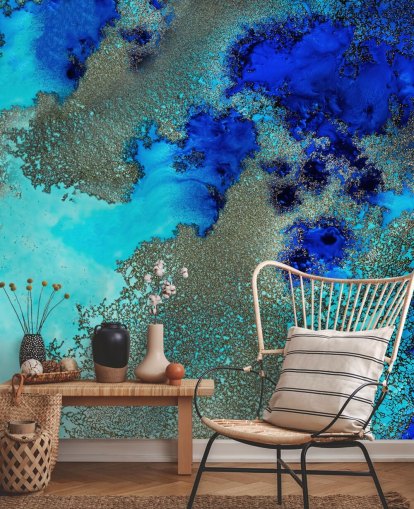 murale astratto personalizzato blu chiamato Reef Resonance di Petra Meikle de Vlas per bagni e camere da letto