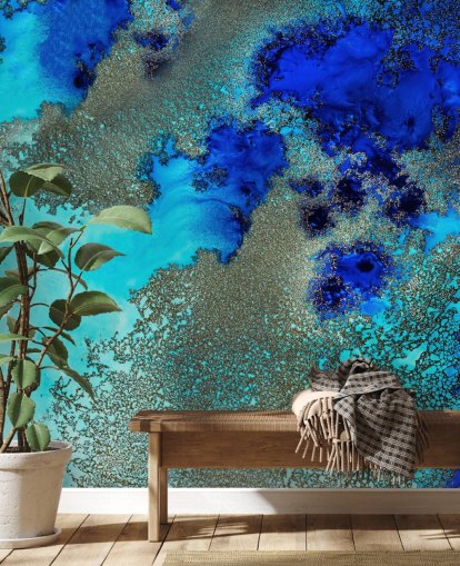 mural de pared abstracto personalizado azul llamado Reef Resonance de Petra Meikle de Vlas para baños y dormitorios