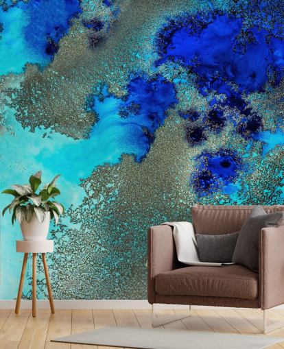 blauwe abstracte muurschildering op maat genaamd Reef Resonance van Petra Meikle de Vlas voor badkamers en slaapkamers