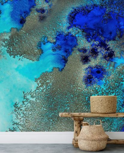 blue custom abstract wall mural called Reef Resonance by Petra Meikle de Vlas for bathrooms and bedrooms