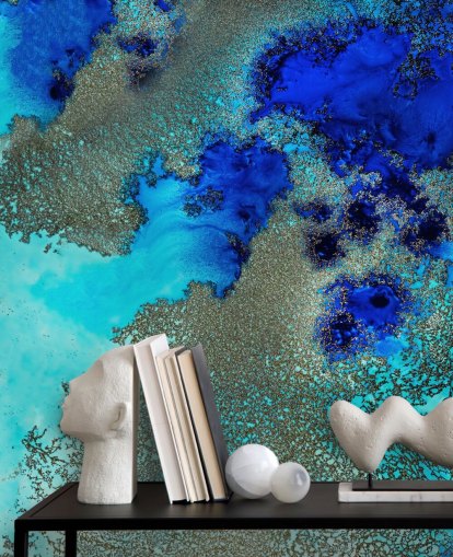 blue custom abstract wall mural called Reef Resonance by Petra Meikle de Vlas for bathrooms and bedrooms