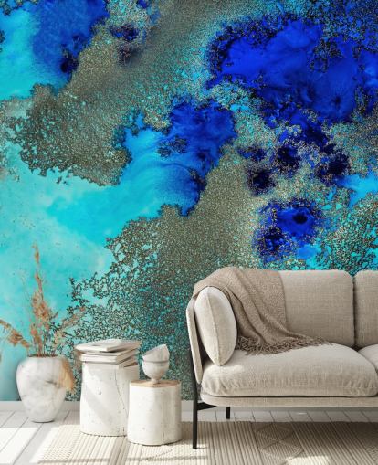 blauwe abstracte muurschildering op maat genaamd Reef Resonance van Petra Meikle de Vlas voor badkamers en slaapkamers