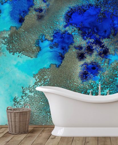 blue custom abstract wall mural called Reef Resonance by Petra Meikle de Vlas for bathrooms and bedrooms