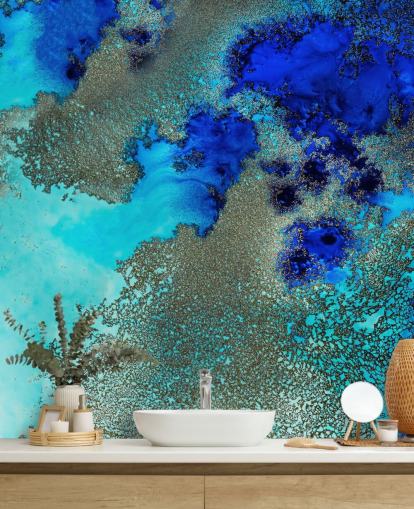 blaues individuelles abstraktes Wandbild namens Reef Resonance von Petra Meikle de Vlas für Badezimmer und Schlafzimmer blaues individuelles abstraktes Wandbild namens Reef Resonance von Petra Meikle de Vlas für Badezimmer und Schlafzimmer