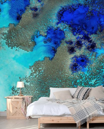 blue custom abstract wall mural called Reef Resonance by Petra Meikle de Vlas for bathrooms and bedrooms