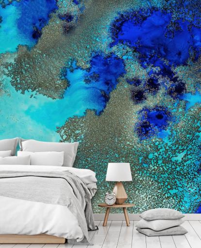 mural de pared abstracto personalizado azul llamado Reef Resonance de Petra Meikle de Vlas para baños y dormitorios