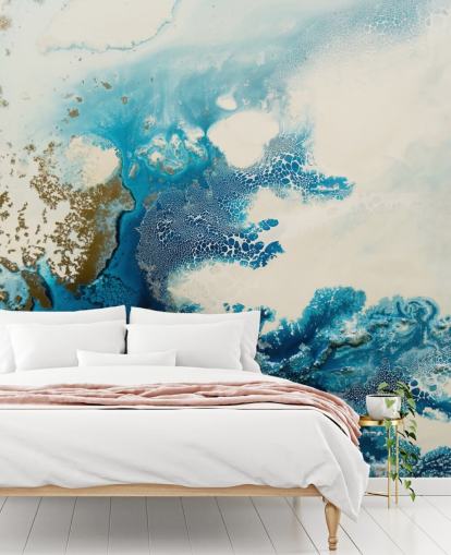 blauw-witte abstracte muurschildering op maat genaamd Royal Escape van Petra Meikle de Vlas blauw-witte abstracte muurschildering op maat genaamd Royal Escape van Petra Meikle de Vlas