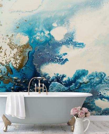 blaues und weißes kundenspezifisches abstraktes Wandbild namens Royal Escape von Petra Meikle de Vlas blaues und weißes kundenspezifisches abstraktes Wandbild namens Royal Escape von Petra Meikle de Vlas