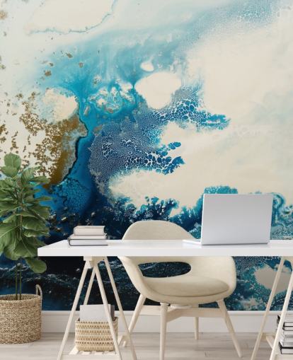 blauw-witte abstracte muurschildering op maat genaamd Royal Escape van Petra Meikle de Vlas blauw-witte abstracte muurschildering op maat genaamd Royal Escape van Petra Meikle de Vlas