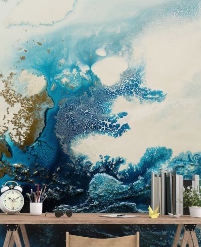 blauw-witte abstracte muurschildering op maat genaamd Royal Escape van Petra Meikle de Vlas blauw-witte abstracte muurschildering op maat genaamd Royal Escape van Petra Meikle de Vlas