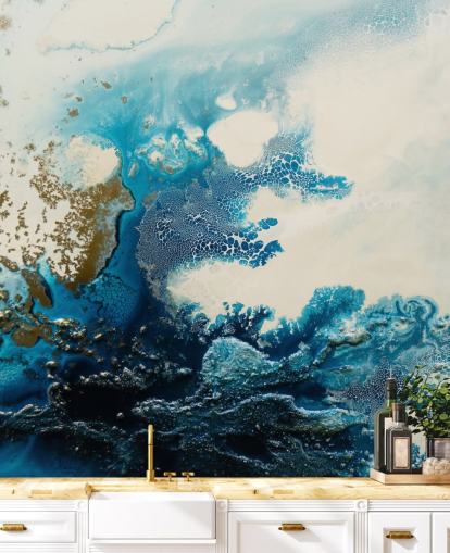 murale astratto personalizzato blu e bianco chiamato Royal Escape di Petra Meikle de Vlas murale astratto personalizzato blu e bianco chiamato Royal Escape di Petra Meikle de Vlas