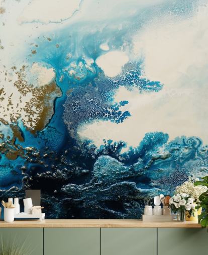 fresque murale abstraite personnalisée bleue et blanche appelée Royal Escape par Petra Meikle de Vlas