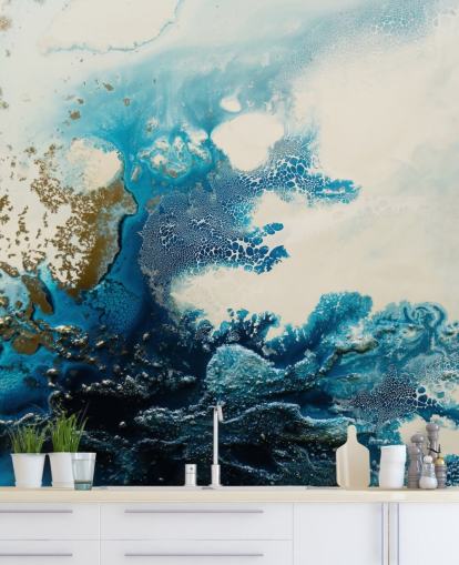 blue and white custom abstract wall mural called Royal Escape by Petra Meikle de Vlas