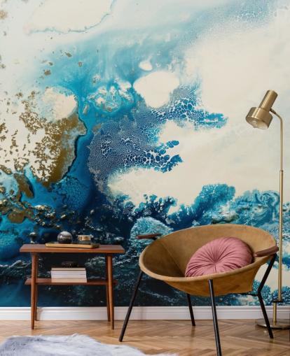 blauw-witte abstracte muurschildering op maat genaamd Royal Escape van Petra Meikle de Vlas blauw-witte abstracte muurschildering op maat genaamd Royal Escape van Petra Meikle de Vlas