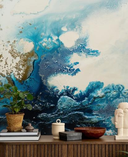 mural de parede abstrato personalizado em azul e branco chamado Royal Escape de Petra Meikle de Vlas mural de parede abstrato personalizado em azul e branco chamado Royal Escape de Petra Meikle de Vlas