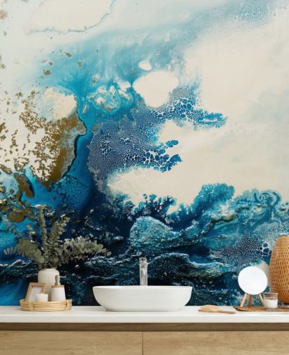 fresque murale abstraite personnalisée bleue et blanche appelée Royal Escape par Petra Meikle de Vlas