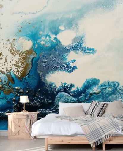 fresque murale abstraite personnalisée bleue et blanche appelée Royal Escape par Petra Meikle de Vlas