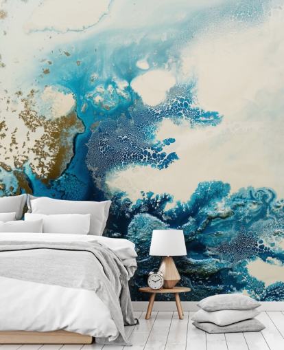 fresque murale abstraite personnalisée bleue et blanche appelée Royal Escape par Petra Meikle de Vlas