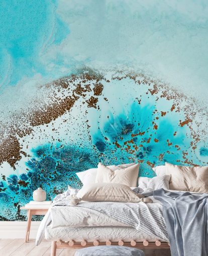 blauwe aanpasbare abstracte oceaanmuurschildering genaamd Sea Life van Petra Meikle de Vlas voor badkamers en slaapkamers blauwe aanpasbare abstracte oceaanmuurschildering genaamd Sea Life van Petra Meikle de Vlas voor badkamers en slaapkamers