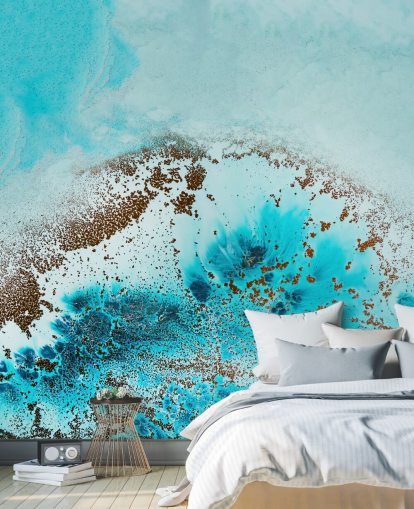 blaues personalisierbares abstraktes Ozean-Wandbild namens Sea Life von Petra Meikle de Vlas für Badezimmer und Schlafzimmer