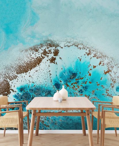 blaues personalisierbares abstraktes Ozean-Wandbild namens Sea Life von Petra Meikle de Vlas für Badezimmer und Schlafzimmer