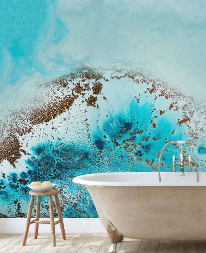 blauwe aanpasbare abstracte oceaanmuurschildering genaamd Sea Life van Petra Meikle de Vlas voor badkamers en slaapkamers