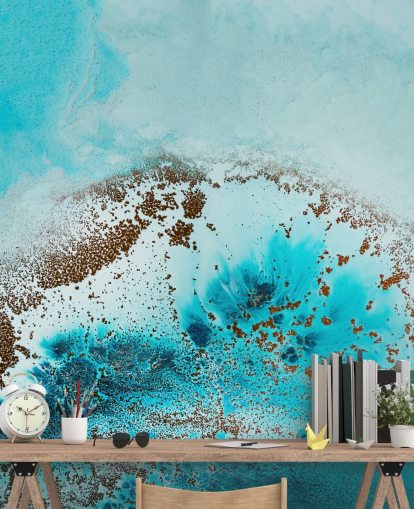 blauwe aanpasbare abstracte oceaanmuurschildering genaamd Sea Life van Petra Meikle de Vlas voor badkamers en slaapkamers