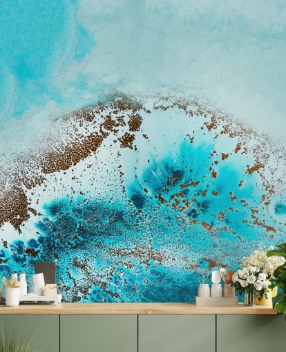 blaues personalisierbares abstraktes Ozean-Wandbild namens Sea Life von Petra Meikle de Vlas für Badezimmer und Schlafzimmer