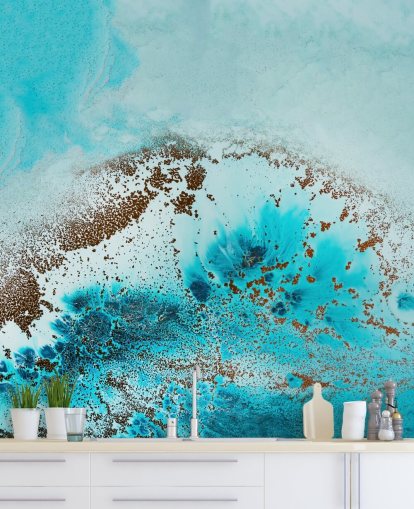 blaues personalisierbares abstraktes Ozean-Wandbild namens Sea Life von Petra Meikle de Vlas für Badezimmer und Schlafzimmer