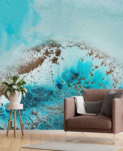 blauwe aanpasbare abstracte oceaanmuurschildering genaamd Sea Life van Petra Meikle de Vlas voor badkamers en slaapkamers