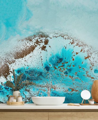 blauwe aanpasbare abstracte oceaanmuurschildering genaamd Sea Life van Petra Meikle de Vlas voor badkamers en slaapkamers