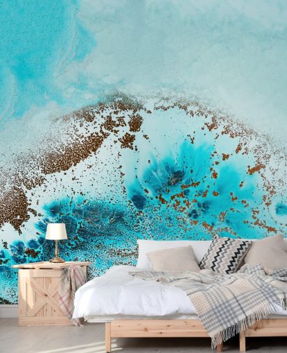 blaues personalisierbares abstraktes Ozean-Wandbild namens Sea Life von Petra Meikle de Vlas für Badezimmer und Schlafzimmer