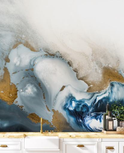 fresque murale abstraite personnalisable blanche, grise et dorée appelée Swirl de Petra Meikle de Vlas fresque murale abstraite personnalisable blanche, grise et dorée appelée Swirl de Petra Meikle de Vlas