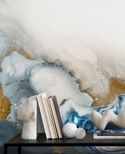 witte, grijze en gouden aanpasbare abstracte muurschildering genaamd Swirl van Petra Meikle de Vlas