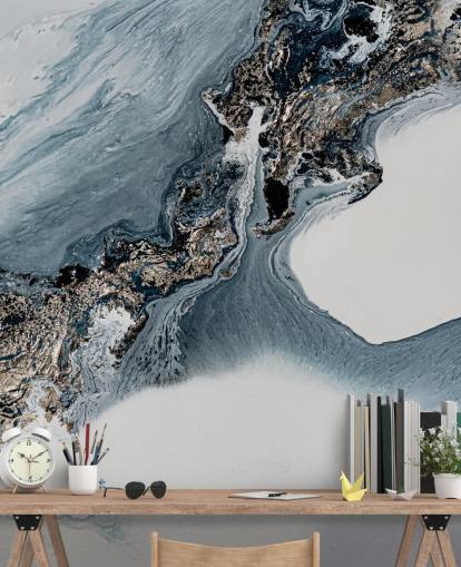 murale astratto personalizzato grigio e bianco chiamato The Crossing di Petra Meikle de Vlas