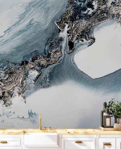 mural de pared abstracto personalizado en blanco y gris llamado The Crossing de Petra Meikle de Vlas