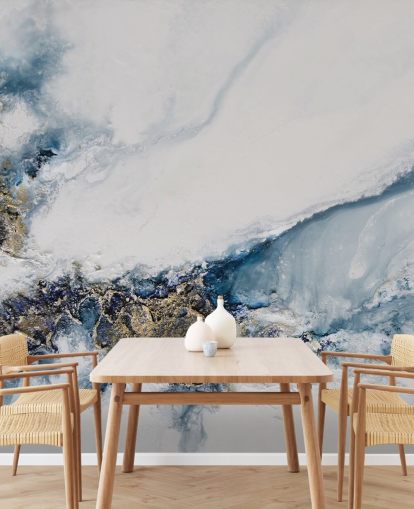 white, blue and gold custom abstract wall mural called Transcending by Petra Meikle de Vlas for bedrooms, kitchens and bathrooms