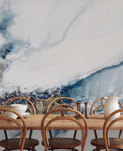 white, blue and gold custom abstract wall mural called Transcending by Petra Meikle de Vlas for bedrooms, kitchens and bathrooms